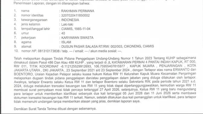 Eks Ketua RW Dipolisikan Terkait Dugaan Penggelapan Kas Rp 11 Miliar Eks Ketua RW Dipolisikan Terkait Dugaan Penggelapan Kas Rp 11 Miliar