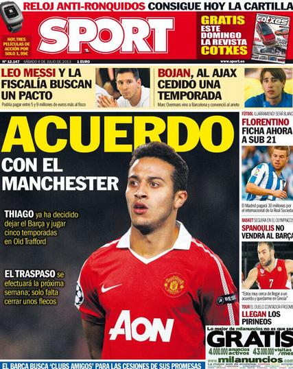 Cover depan Sport yang menampilkan berita Thiago. (c) Sport