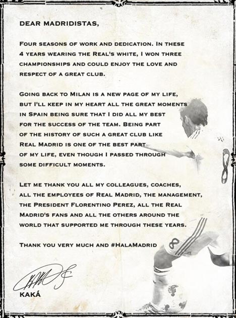 Surat Kaka (c) Twitter @kaka