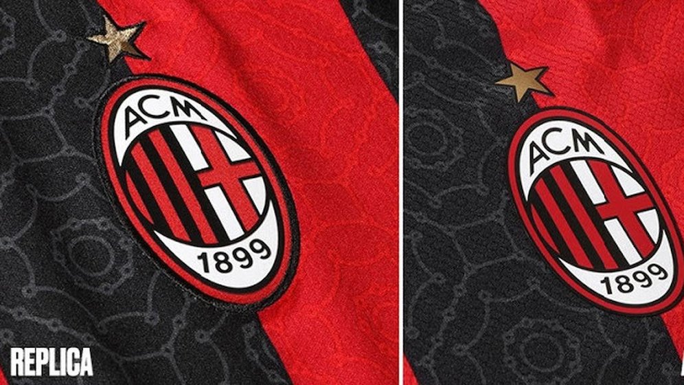 Jersey sepak bola AC Milan, satunya-satunya buatan Puma di Serie A. Versi otentik memiliki rekatan logo yang lebih rapi. (c) Puma