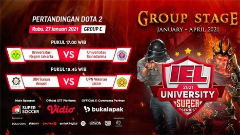 Live streaming IEL University Super Series 2021 fase grup E, Rabu (27/1/2021) pukul 17.00 WIB dapat disaksikan melalui platform Vidio. (c) vidio