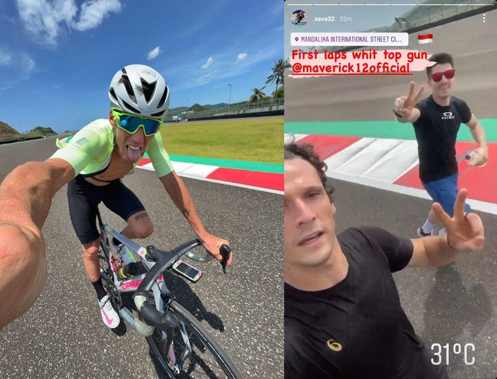 Aleix Espargaro, Lorenzo Savadori, dan Maverick Vinales saat berada di Sirkuit Mandalika. (c) Twitter/AleixEspargaro, Instagram/Sava32
