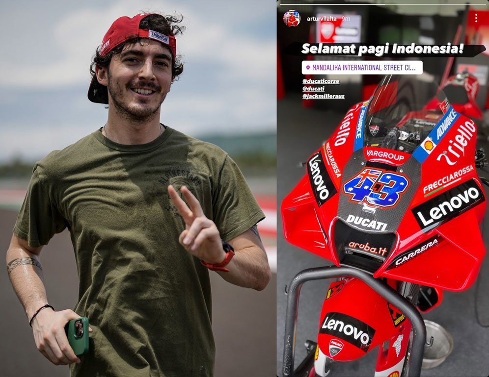 Pecco Bagnaia dan motor Jack Miller saat berada di Sirkuit Mandalika. (c) Twitter/DucatiCorse, Instagram/ArturVilalta