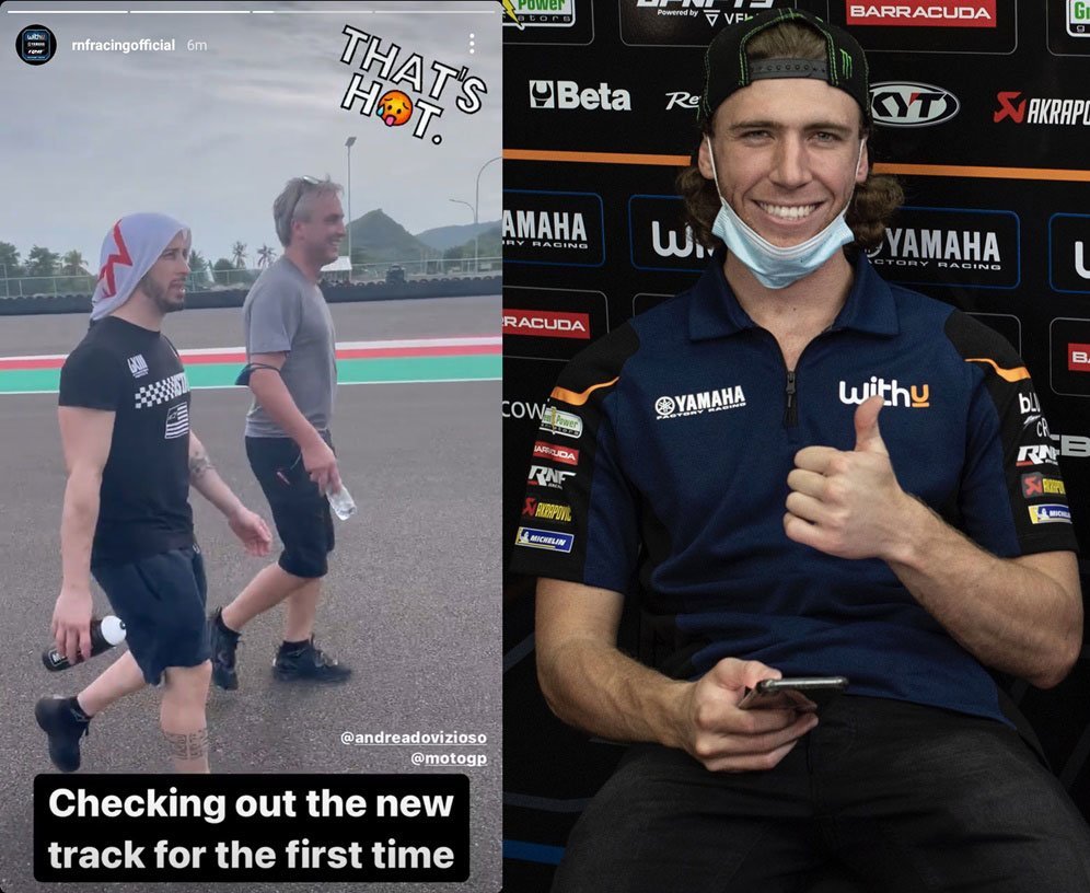 Andrea Dovizioso dan Darryn Binder saat berada di Sirkuit Mandalika. (c) Instagram/RNF Racing, Twitter/Darryn Binder