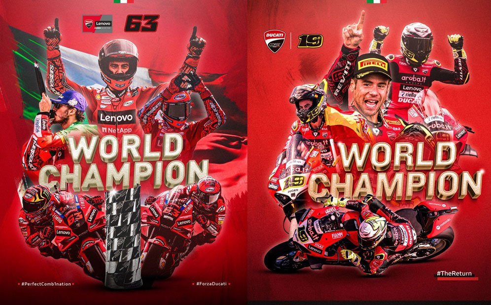Pecco Bagnaia dan Alvaro Bautista menjuarai MotoGP dan WorldSBK 2022. (c) Ducati Corse