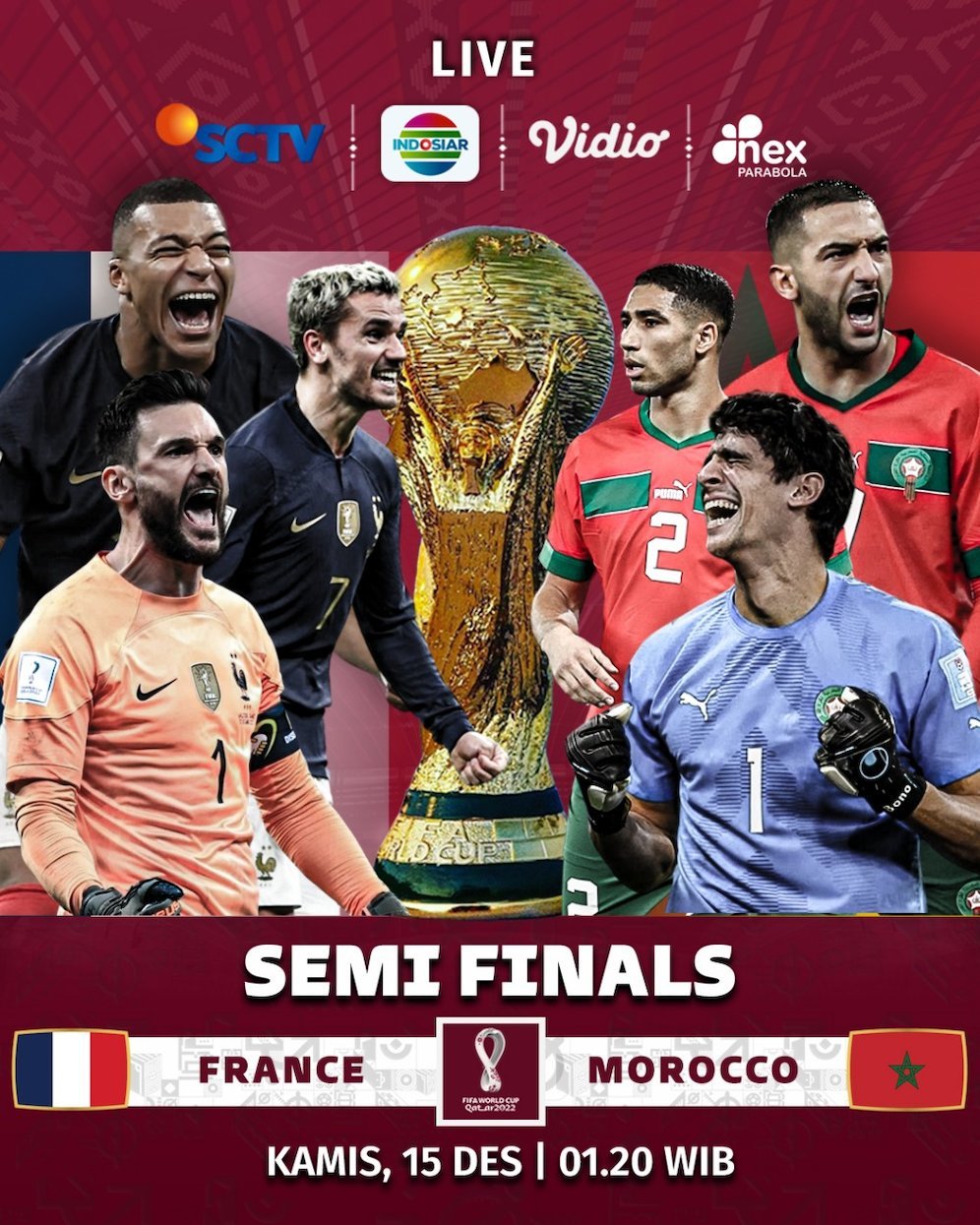 Jadwal semifinal Piala Dunia 2022: Prancis vs Maroko, tayang di SCTV,m Indosiar, Vidio dan Nex Parabola (c) SCM