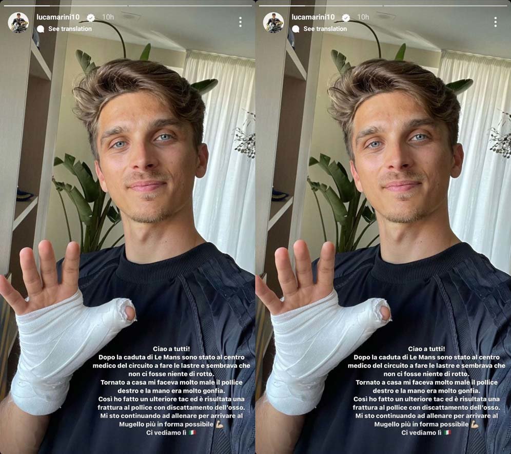 Luca Marini mengalami cedera pergelangan tangan usai bertabrakan dengan Alex Marquez di MotoGP Le Mans, Prancis 2023. (c) Instagram/LucaMarini10