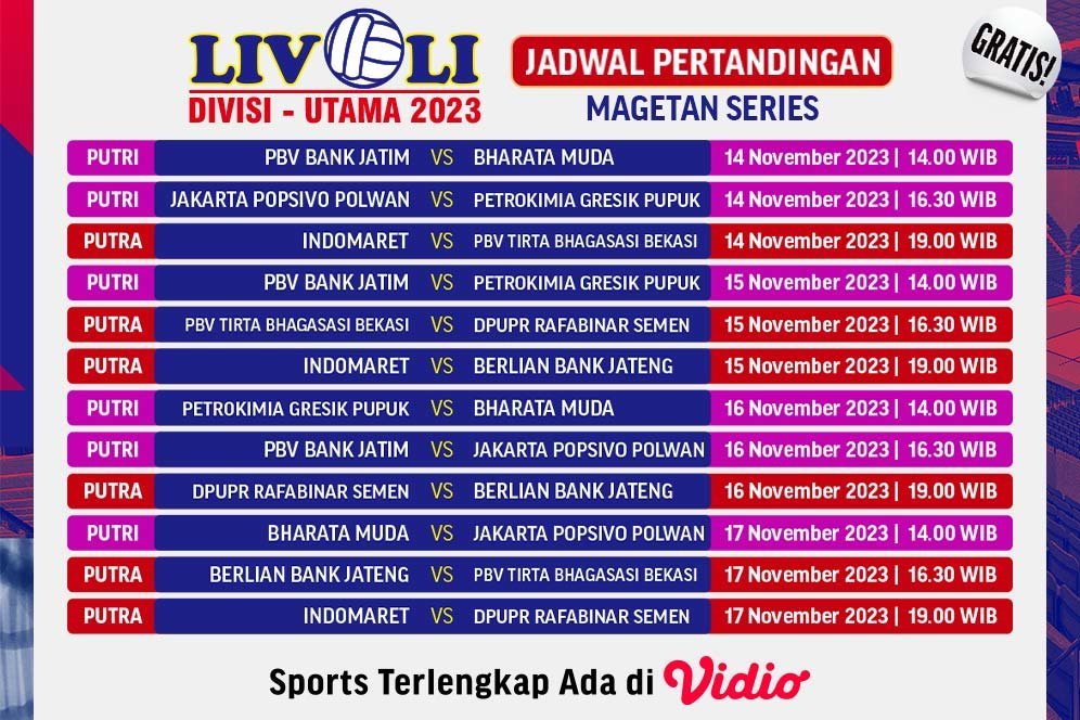 Jadwal siaran langsung Livoli Divisi Utama 2023 Seri Magetan di Vidio, 14-17 November 2023 (c) Vidio
