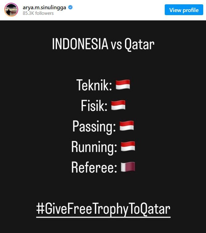 Unggahan Arya Sinulingga terkait laga Qatar U-23 vs Timnas Indonesia U-23 (c) Instagram