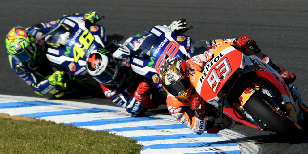 Marc Marquez, Jorge Lorenzo dan Valentino Rossi (c) AFP