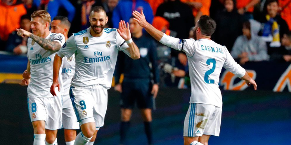 Karim Benzema usai cetak gol ke gawang APOEL.