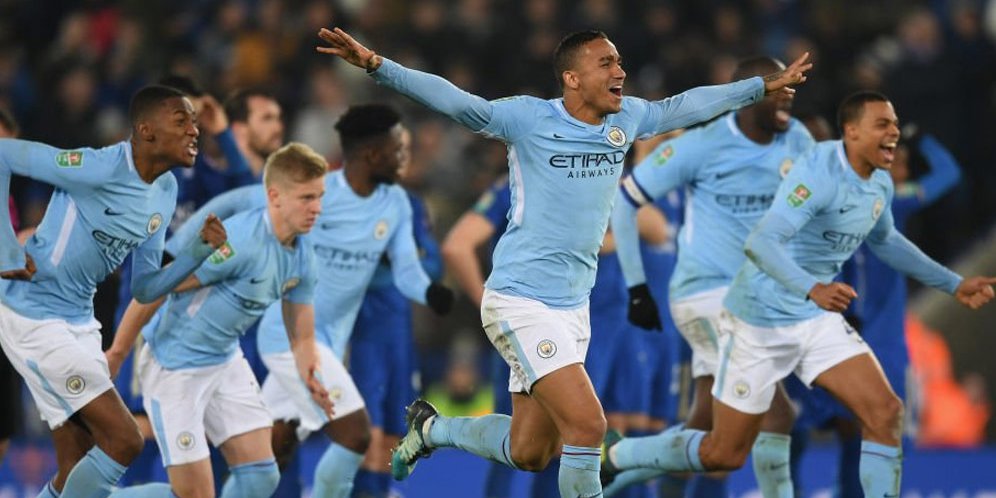 Kegembiraan pemain City usai adu penalti lawan Leicester.