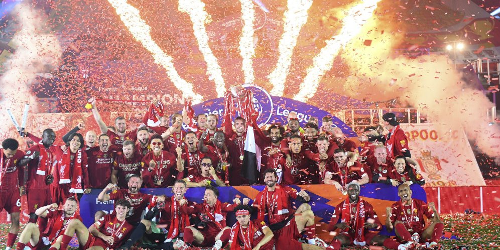 Skuat Liverpool merayakan gelar juara Premier League 2019-20. (c) Pool Getty via AP Photo