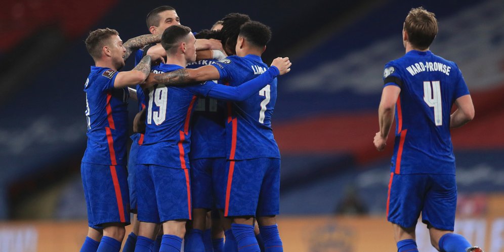 Timnas Inggris merayakan gol ke gawang San Marino, Kualifikasi Piala Dunia 2022. (c) AP Photo