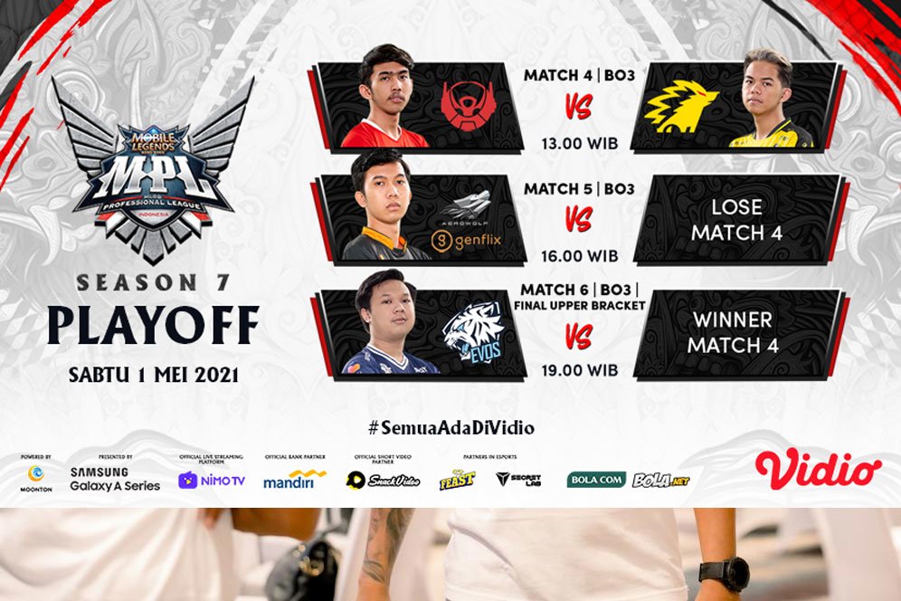 Jadwal Playoff MPL Season 7 di Vidio, Sabtu 1 Mei 2021: ONIC Vs BTR, Siapa Bertemu EVOS? Jadwal Playoff MPL Season 7 di Vidio, Sabtu 1 Mei 2021: ONIC Vs BTR, Siapa Bertemu EVOS?