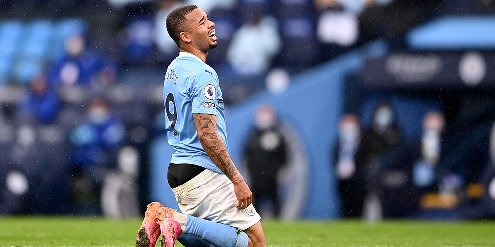 Ekspresi kecewa striker Manchester City, Gabriel Jesus. (c) AP Photo