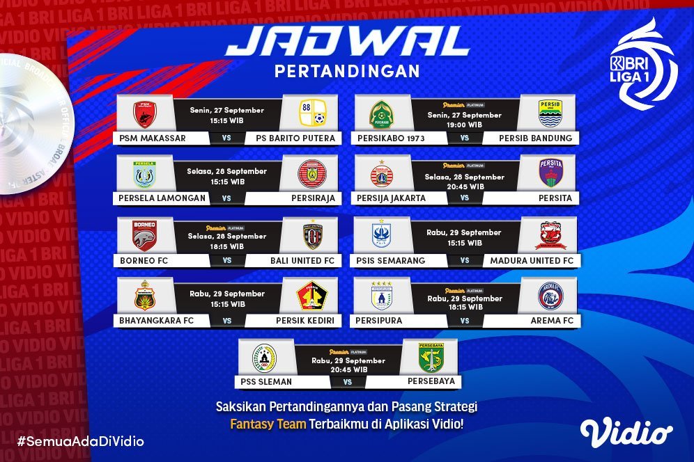 Link Live Streaming BRI Liga 1 Pekan Kelima di Vidio, 27-29 September 2021 Link Live Streaming BRI Liga 1 Pekan Kelima di Vidio, 27-29 September 2021