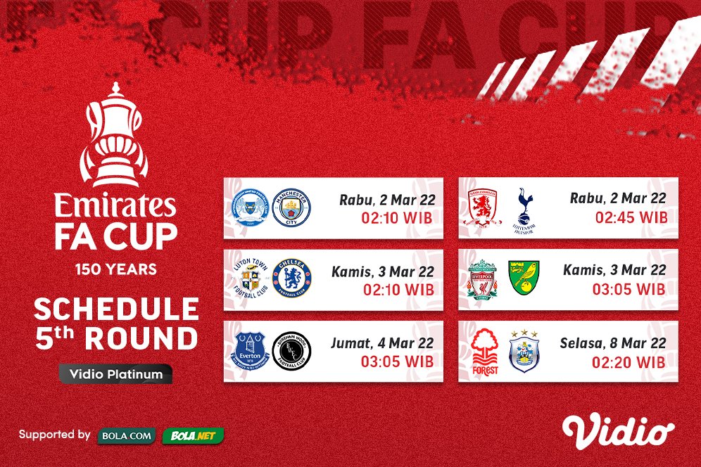 Jadwal Live Streaming Babak 16 besar Piala FA 2021/2022 di Vidio Pekan Ini Jadwal Live Streaming Babak 16 besar Piala FA 2021/2022 di Vidio Pekan Ini