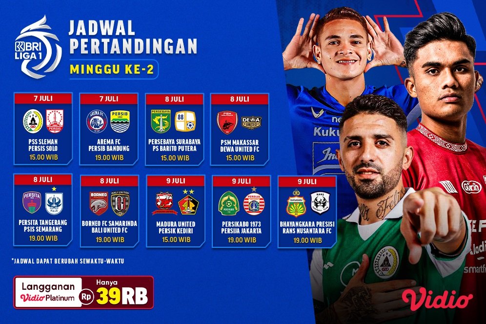 Jadwal Live Streaming BRI Liga 1 2023/2024 Pekan Kedua di Vidio Jadwal Live Streaming BRI Liga 1 2023/2024 Pekan Kedua di Vidio