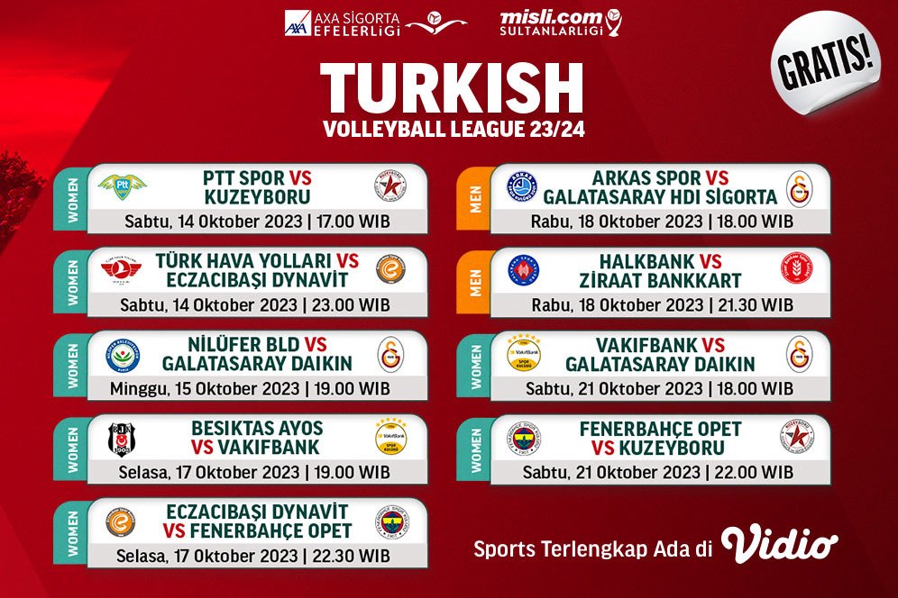 Jadwal Liga Voli Turki 2023/2024 Pekan Perdana di Vidio, 14-21 Oktober 2023 Jadwal Liga Voli Turki 2023/2024 Pekan Perdana di Vidio, 14-21 Oktober 2023