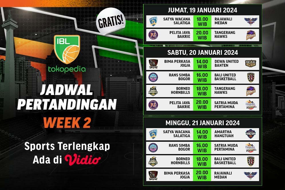 Jadwal Siaran Langsung Pekan 2 IBL Indonesia 2024 di Vidio, 19-21 Januari 2024 Jadwal Siaran Langsung Pekan 2 IBL Indonesia 2024 di Vidio, 19-21 Januari 2024