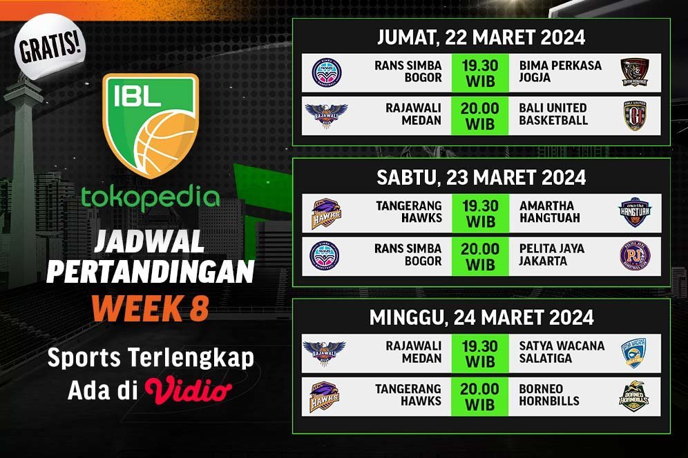 Jadwal Siaran Langsung Pekan 8 IBL Indonesia 2024 di Vidio, 22-24 Maret 2024 Jadwal Siaran Langsung Pekan 8 IBL Indonesia 2024 di Vidio, 22-24 Maret 2024