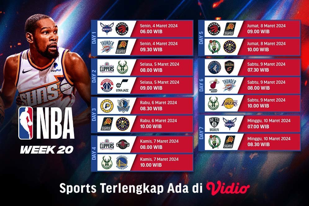 Jadwal Live Streaming Pekan 20 NBA 2023/2024 di Vidio, 4-10 Maret 2024 Jadwal Live Streaming Pekan 20 NBA 2023/2024 di Vidio, 4-10 Maret 2024
