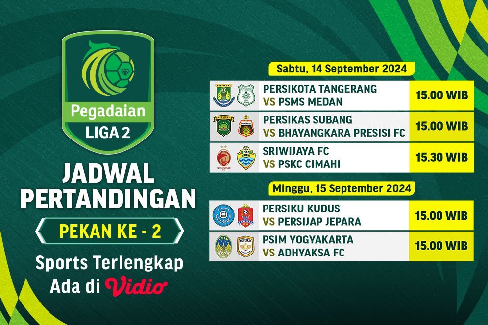 Jadwal Live Streaming Liga 2 2024/25 di Vidio Akhir Pekan Ini, 14-15 September 2024 Jadwal Live Streaming Liga 2 2024/25 di Vidio Akhir Pekan Ini, 14-15 September 2024