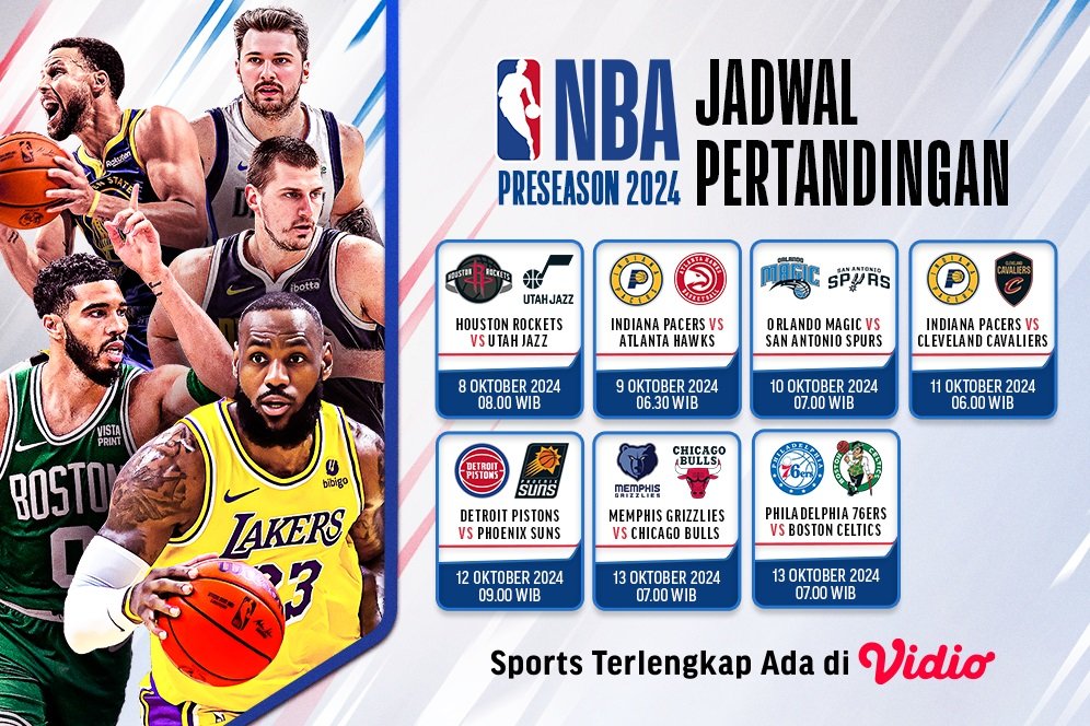 Jadwal dan Link Live Streaming NBA Preseason 2024/ 25 di Vidio Tengah Pekan Ini Jadwal dan Link Live Streaming NBA Preseason 2024/ 25 di Vidio Tengah Pekan Ini