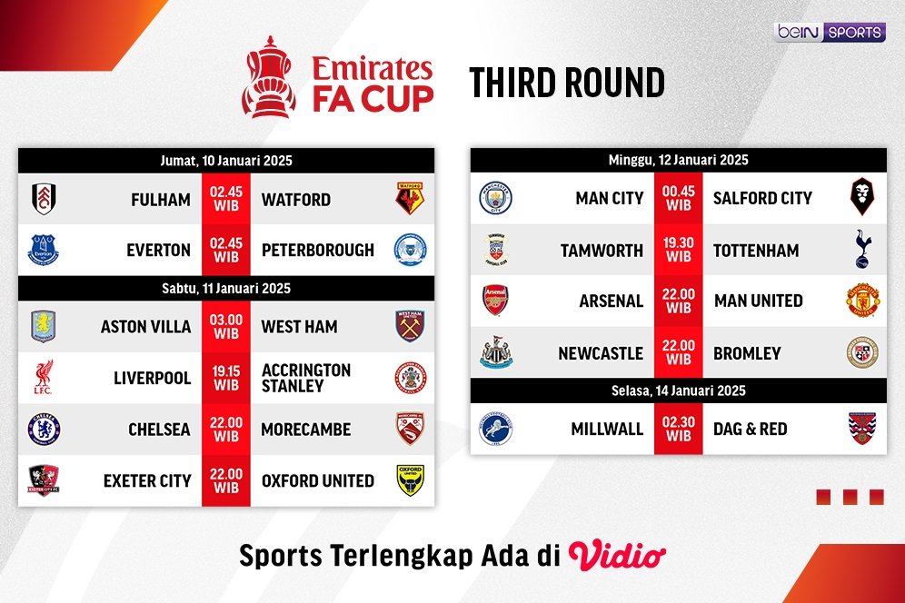 Jadwal dan Link Live Streaming 3rd Round FA Cup 2024/25 di Vidio Pekan Ini Jadwal dan Link Live Streaming 3rd Round FA Cup 2024/25 di Vidio Pekan Ini