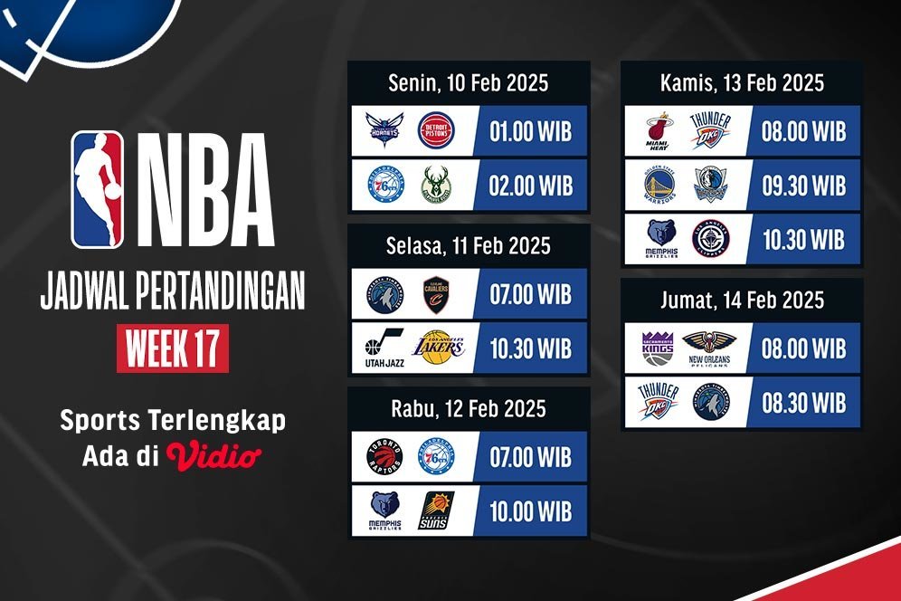 Jadwal Siaran Langsung Pekan 17 NBA 2024/2025 di Vidio Jadwal Siaran Langsung Pekan 17 NBA 2024/2025 di Vidio