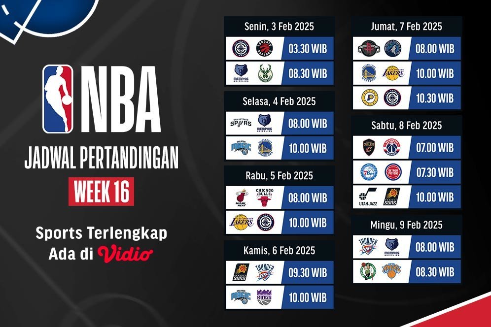 Jadwal Live Streaming Pertandingan Pekan 16 NBA 2024/2025 di Vidio Jadwal Live Streaming Pertandingan Pekan 16 NBA 2024/2025 di Vidio