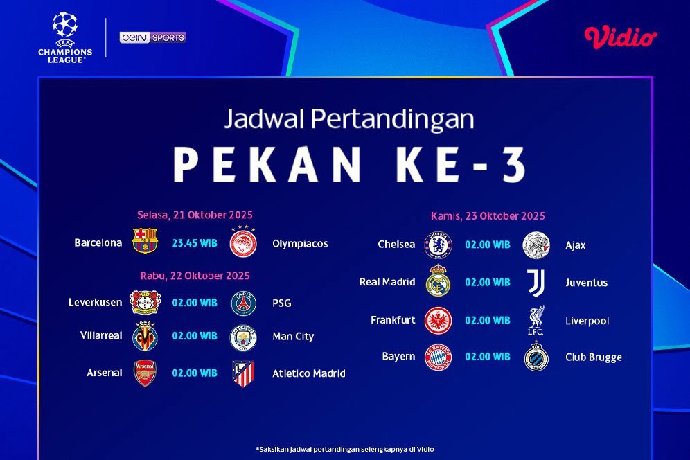 Jadwal dan Nonton UCL 2025/26 Matchday Ke-3, Eksklusif di Vidio